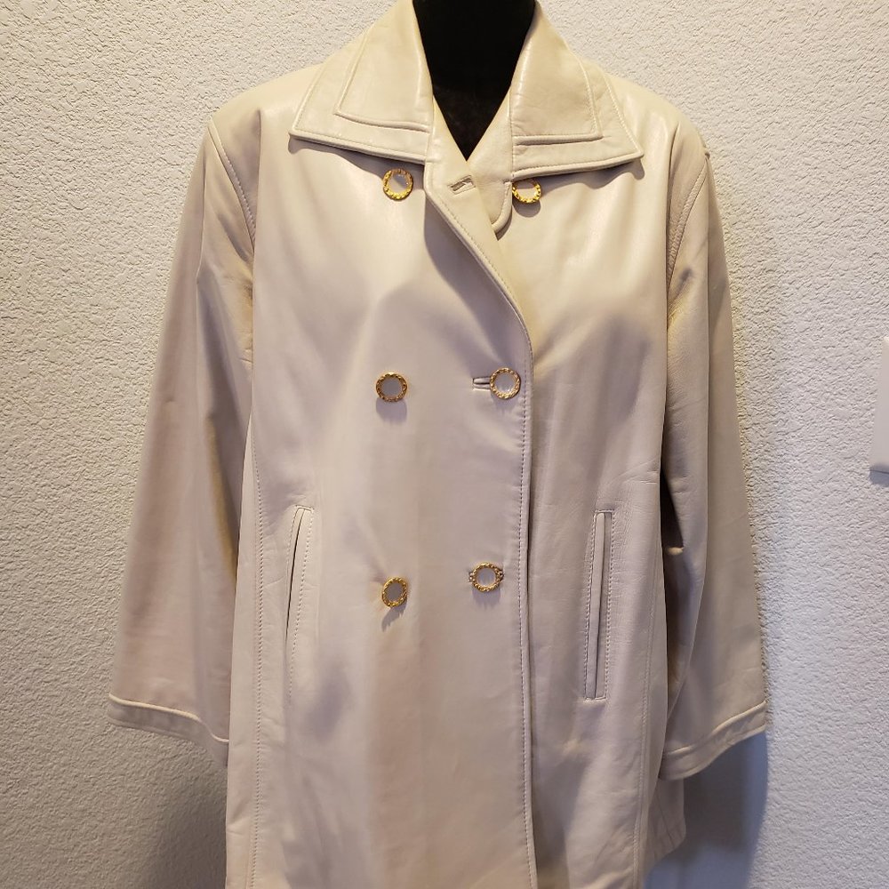 Classy Cream Colored Leather Peacoat- Vericci. Message me and make an offer